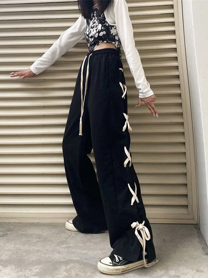 Territory Harajuku High Waist Women Bandage Wide Leg Pant Korean Loose Streetwear Trousers Fashion Hip Hop Student Casual Pants New