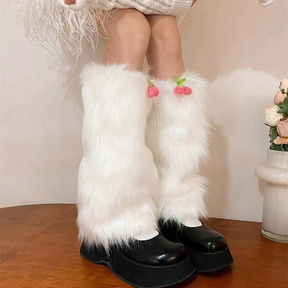 Territory Kawaii Fur Faux Leg Warmers Cherry Lolita Japanese Women Leggings Boots Covers Y2k Girls Harajuku Fur Foot Warming New Year Gift