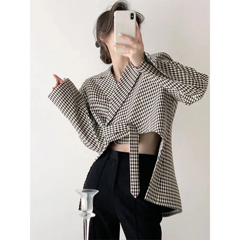 Territory Black Plaid Blazer Women Irregular Houndstooth Suit Jacket Streetwear Korean Ribbon Cropped Coat Office Lady Elegant Outwear New