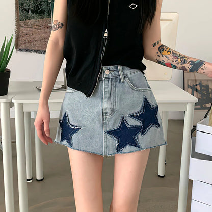 Territory New Embroidery Jean Short Skirt Summer Japanese Y2k With Belt Vintage Fashion Denim Irregular Stitching Star A-Line Skirts