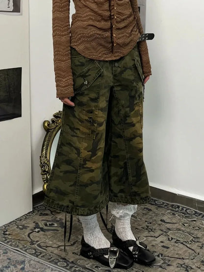 Territory American Oversize Washed Camouflage Shorts Y2k E-Girl High Waist Wide Leg Jeans 2024 New Straight Loose Calf- Length Pants