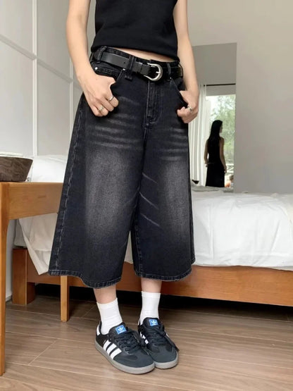 Territory 2024 Y2k Retro Women Low Rise Jorts Brushed Black Wash Cropped Baggy Jeans Wide Leg Frayed Denim Short Pants Acubi Fashion