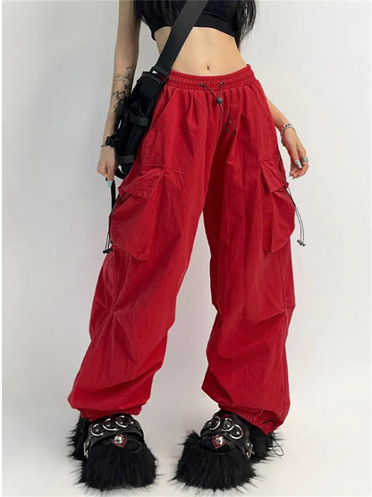 Territory Cyber Y2K Red Parachute Pants Women Kpop Streetwear Gray Cargo Trousers Oversized Egirl Punk Black Wide Leg Pantalones