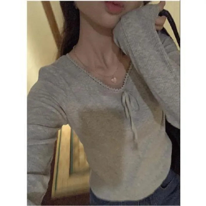 Territory  Vintage Y2K Women's Sweater Slim Knitwear Tshirts Grey Korean Fashion Spring Basic Kint Long Sleeve Pullovers Casual