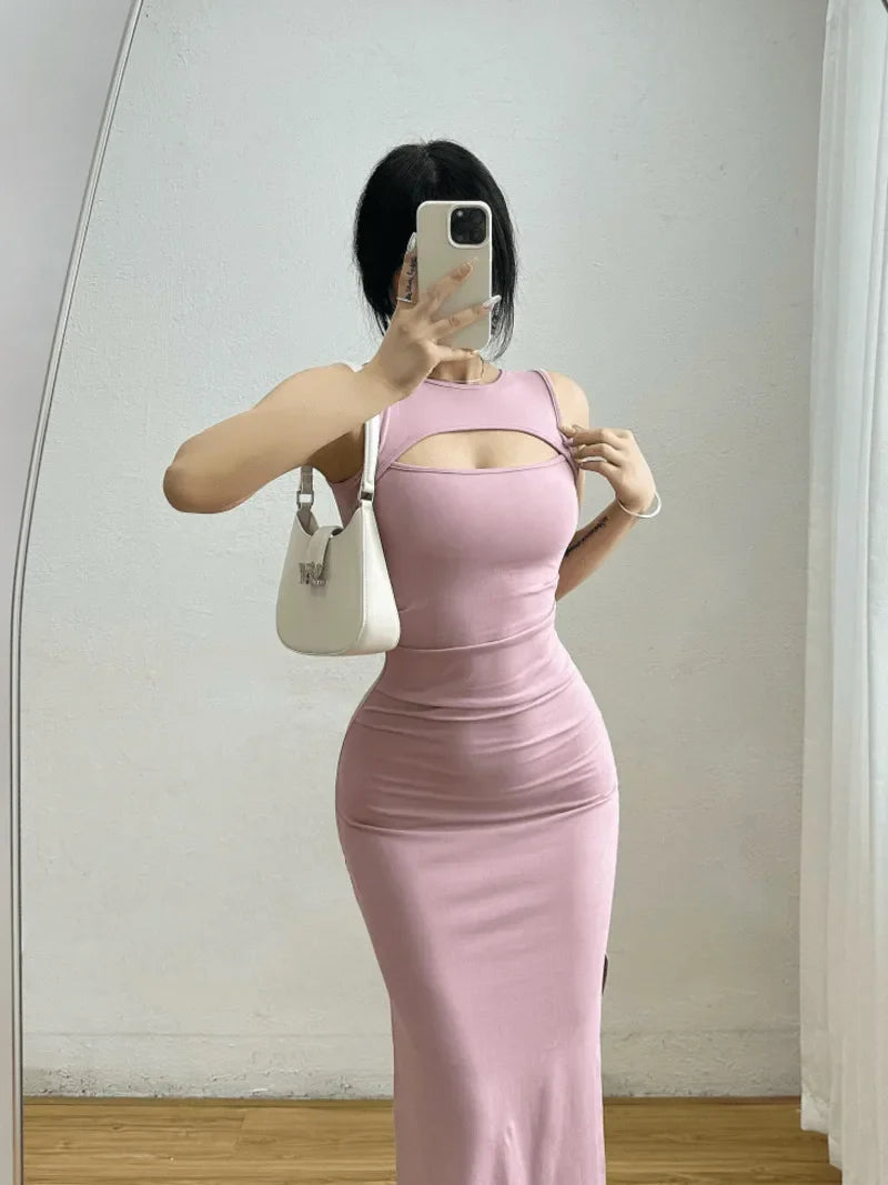 Territory Fashion Robe Red Spicy Girl Sexy Chest Hollow Sleeveless Split Tight Slim Hip Dress Long Dress Women Sweet 7OC3