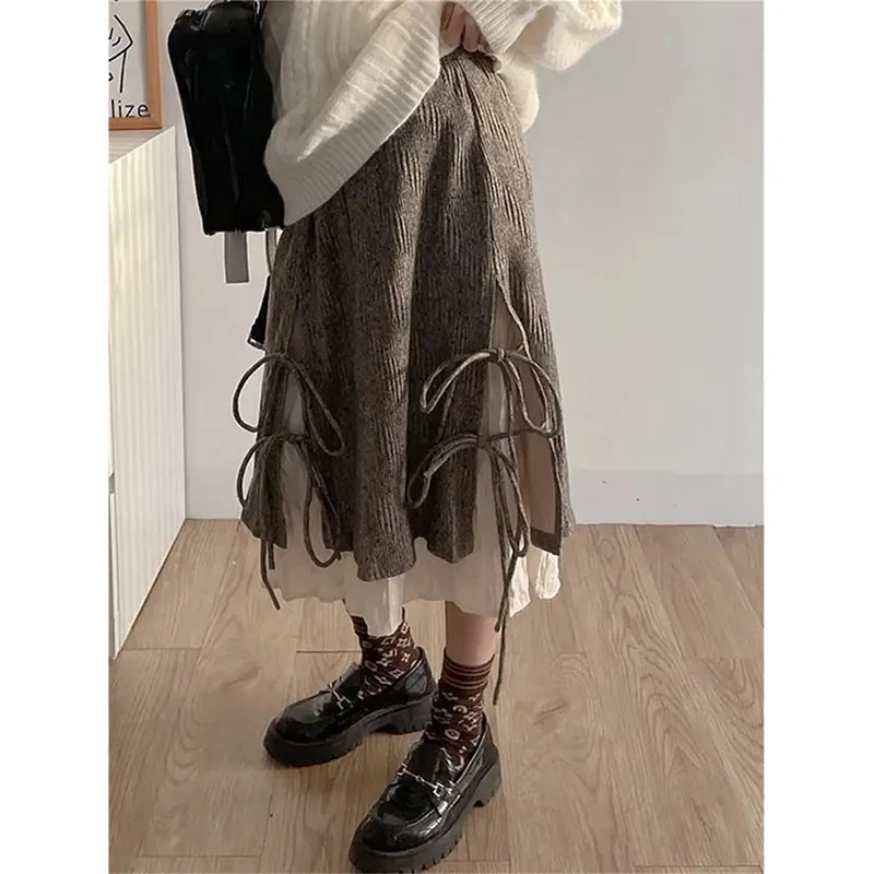 Territory Harajuku Vintage Irregular Skirt Women Y2k Ruffle Patchwork Pleated Skirt Fashion Bow Kawaii Holiday Lazy Wind Midi Skirt