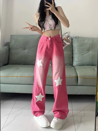 Territory American Vintage Star Print Street Denim Pants 2024 Autumn Sweet Pink Trousers Women Y2k Grunge High Waist Wide Leg