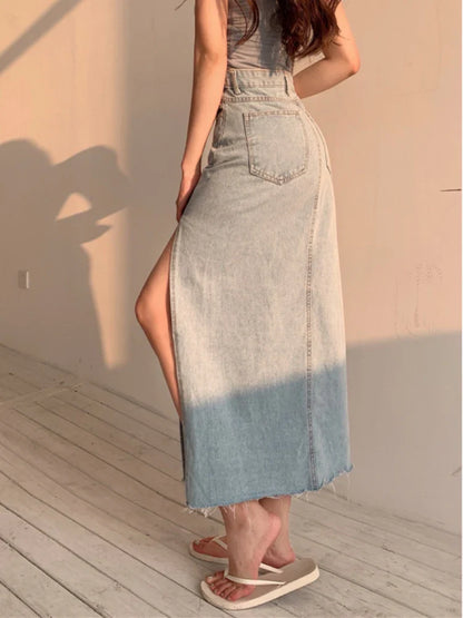 Territory Long Denim Skirt Vintage Women Solid High Waist  A-LINE Slim Korean Style Jean Slit Midi Skirt Summer Fashion Girl