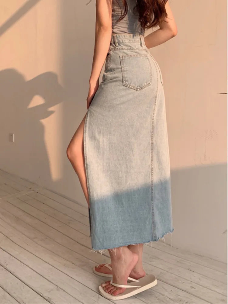 Territory Long Denim Skirt Vintage Women Solid High Waist  A-LINE Slim Korean Style Jean Slit Midi Skirt Summer Fashion Girl