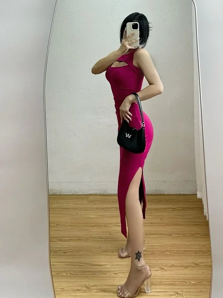 Territory Fashion Robe Red Spicy Girl Sexy Chest Hollow Sleeveless Split Tight Slim Hip Dress Long Dress Women Sweet 7OC3