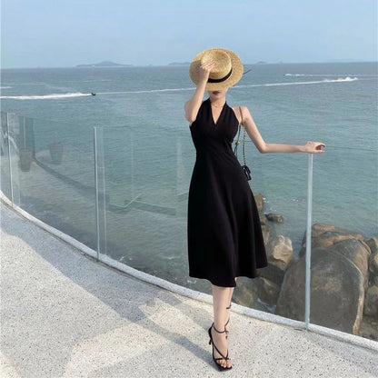 Territory Elegant Halter Women Midi Dress Sexy V Neck Backless Sleeveless Beach Party Vestidos Summer Korean High Waist Casual Black Dress