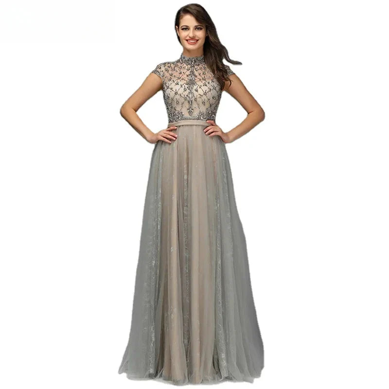 Territory Grey O Neck Short Sleeves Evening Prom Dresses Customized Best Price A Line Beaded Midi Party Gowns With