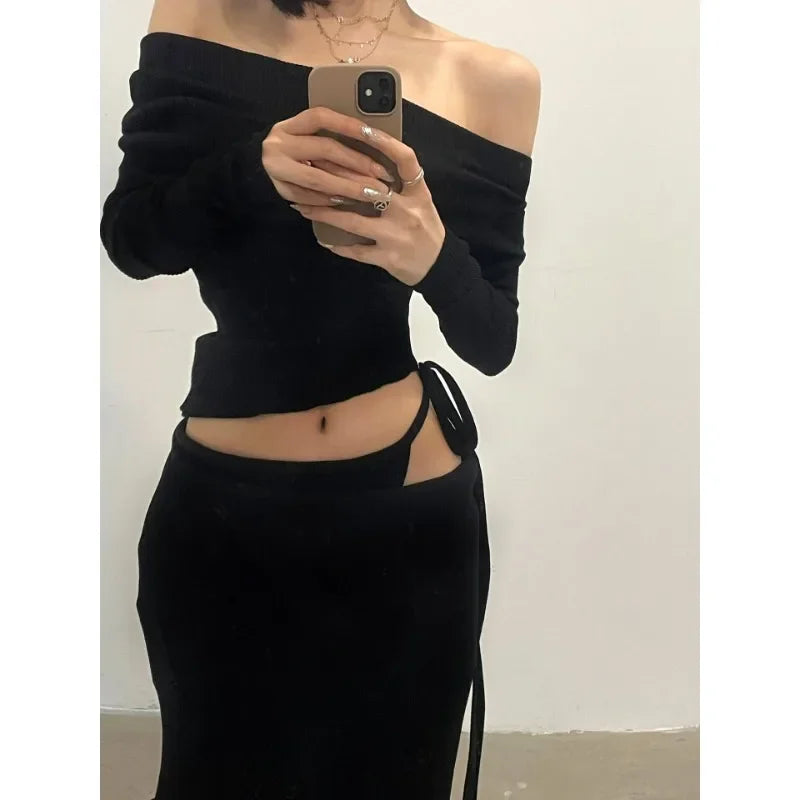 Territory 2024 Spring New Off-shoulder Pleated Sexy Slim Long-sleeved T-shirt Women + Asymmetric Lace-up Split Black Skirt Two-piece Suit