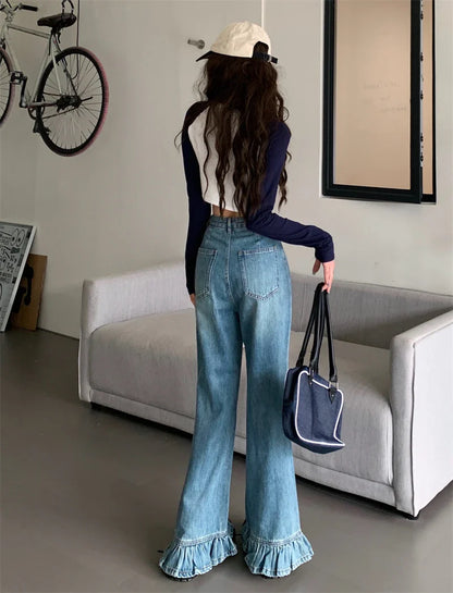 Territory Gothic High Waist Denim Pants Women Chic Ruffles Ruffle Hem Jeans Wide Leg   Female  Kawaii Y2K Straight Trousers