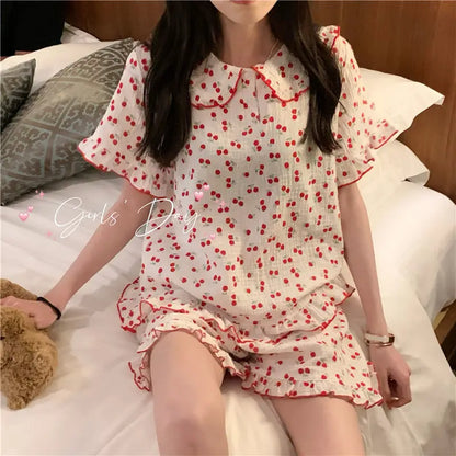 Territory Cotton Sleepwear Korean Pajamas for Women Summer 2024 Pijama Cherry Print Pyjamas Female Set Woman 2 Piece Cute Loungewear