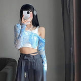 Territory American Tie Dye Print Off Shoulder T-shirts Y2k Sexy Crop Top Slim Fit Tops Women 2024 Summer Thin Mesh Long Sleeve Tee Shirt