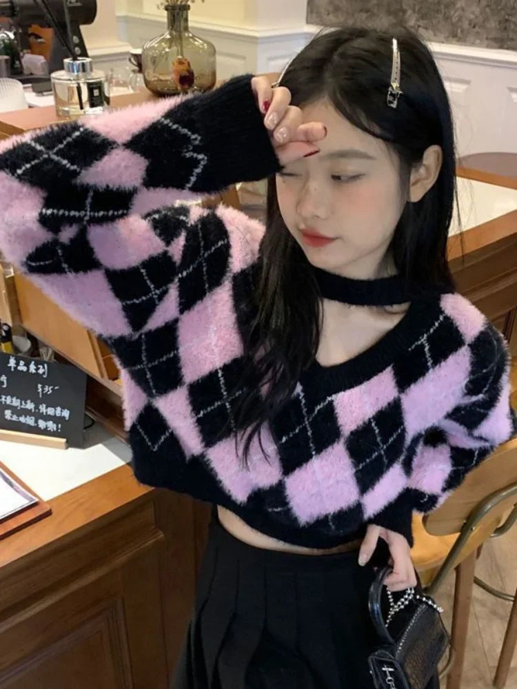 Territory Korean Fashion Plaid Sweater Women Harajuku Sweet Pink Sexy V Neck Pullover Kpop Long Sleeve Knitted Tops Autumn Winter