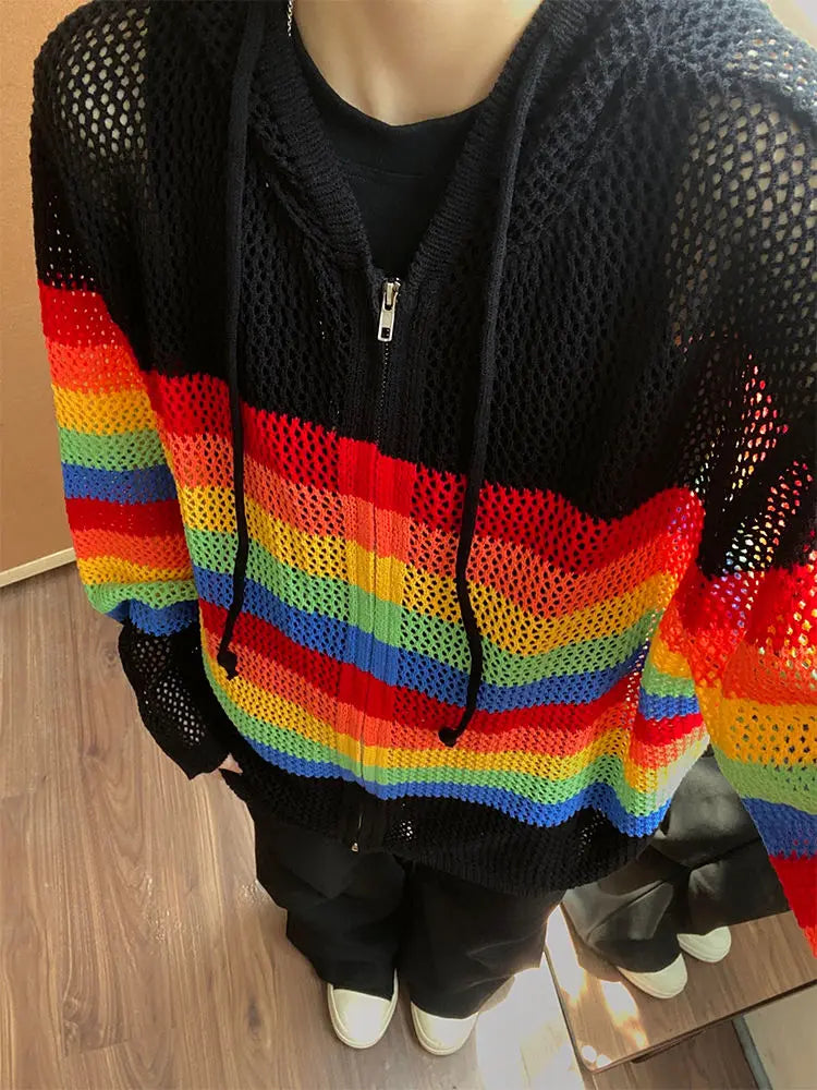 Territory Harajuku Y2k Knitted Cardigans Women See Through Oversized Hollow Out Striped Crochet Top Sweaters Aesthetic Streetwear