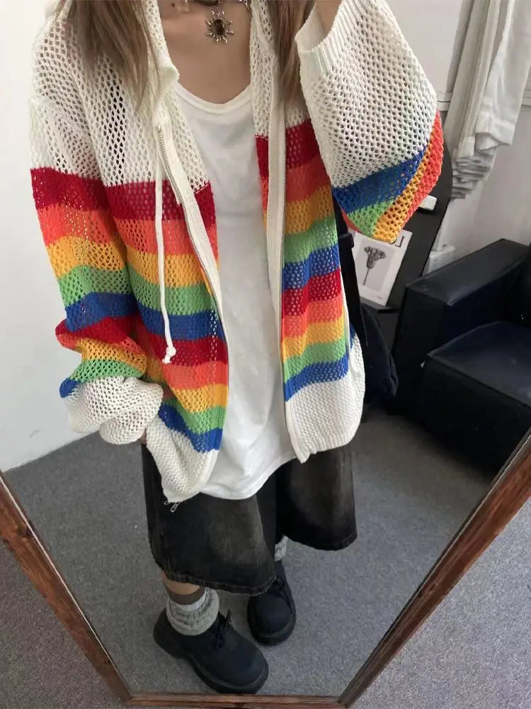 Territory Harajuku Y2k Knitted Cardigans Women See Through Oversized Hollow Out Striped Crochet Top Sweaters Aesthetic Streetwear