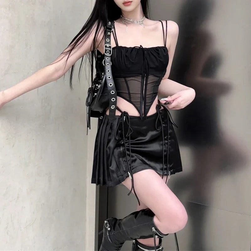 Territory 2024 Summer New High Street Sexy Lace-up Pleated Irregular Slim Camisole Women + Solid Color Casual A-line Skirt Two-piece Suit