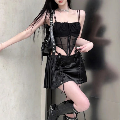 Territory 2024 Summer New High Street Sexy Lace-up Pleated Irregular Slim Camisole Women + Solid Color Casual A-line Skirt Two-piece Suit