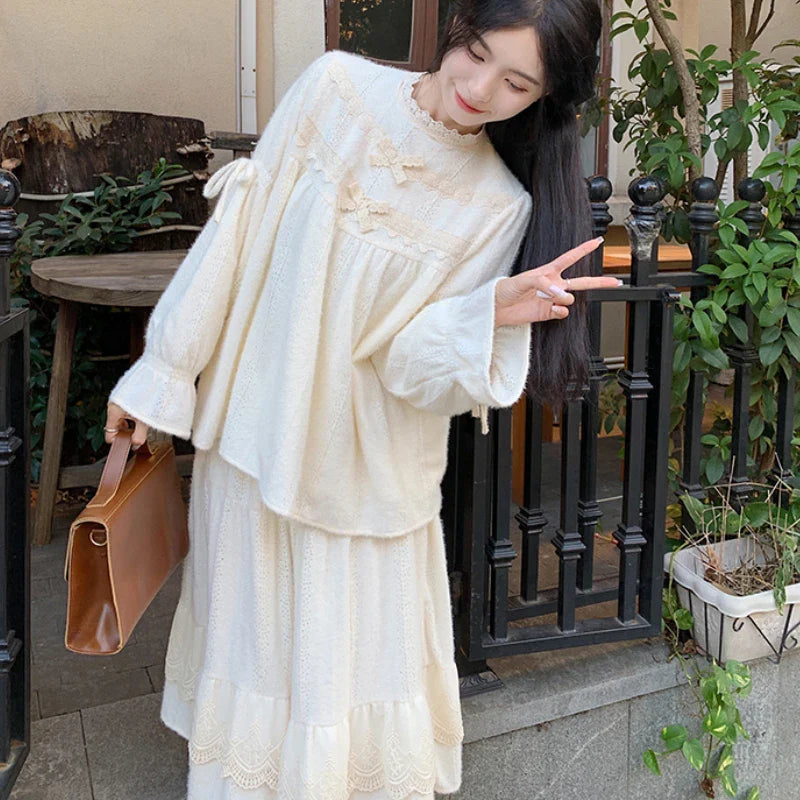 Territory 2024 Spring New Korean Bow Lace Patchwork Sweet Long-sleeved Shirt Women + Loose Hollow Pleated Mid-length Skirt Two-piece Suit