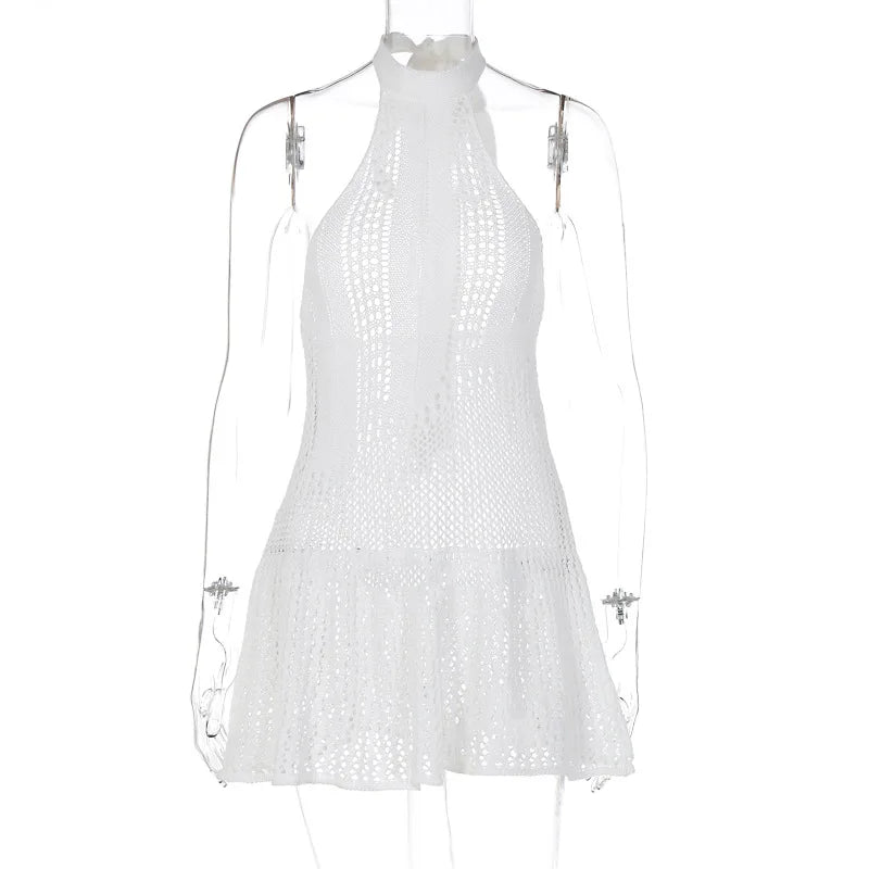 Territory Hollow Knit Halter Mini Dresses White Crochet See Through Vacation Outfits for Women Cute Sexy Clubbing Dress