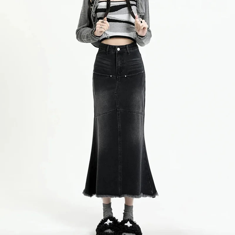 Territory Long Denim Skirt Vintage Women Solid High Waist  A-LINE Slim Korean Style Jean Slit Midi Skirt Summer Fashion Girl