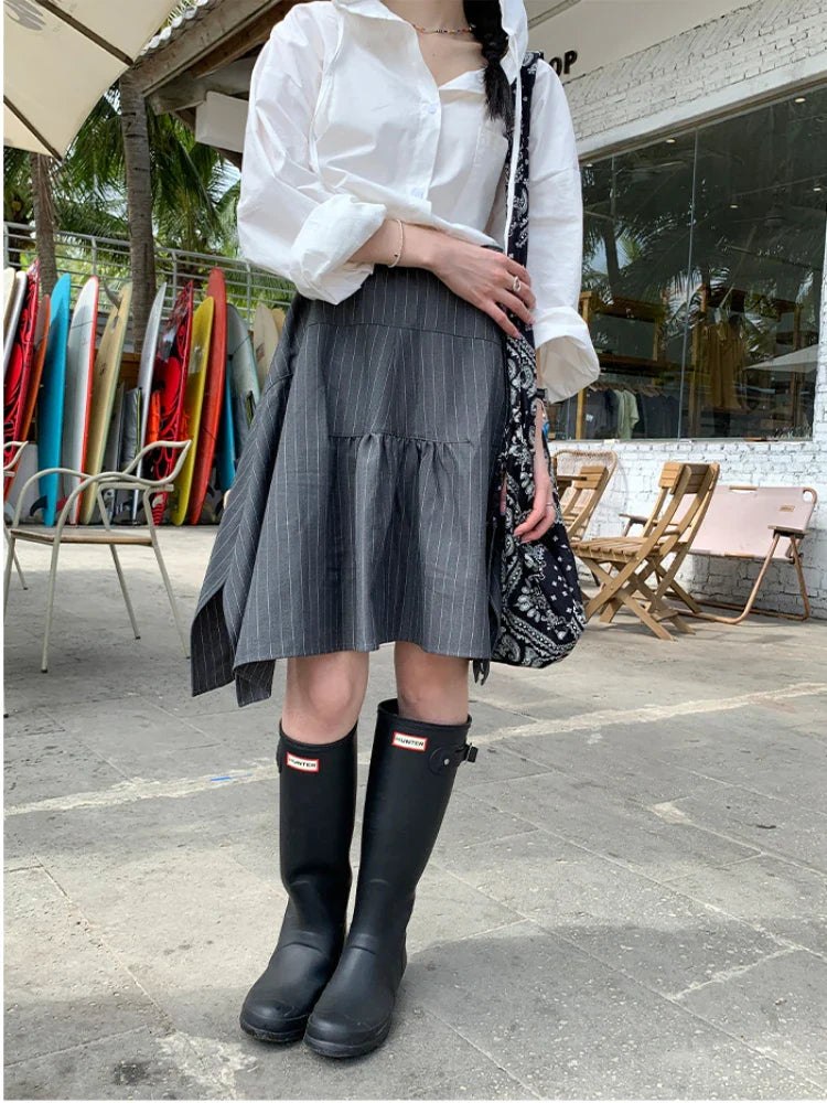 Territory Fashion Vintage Skirts High Waist Irregular Striped Lace Up Pleated Mini Skirt Spring Summer All Match Female Slim Women Clothes