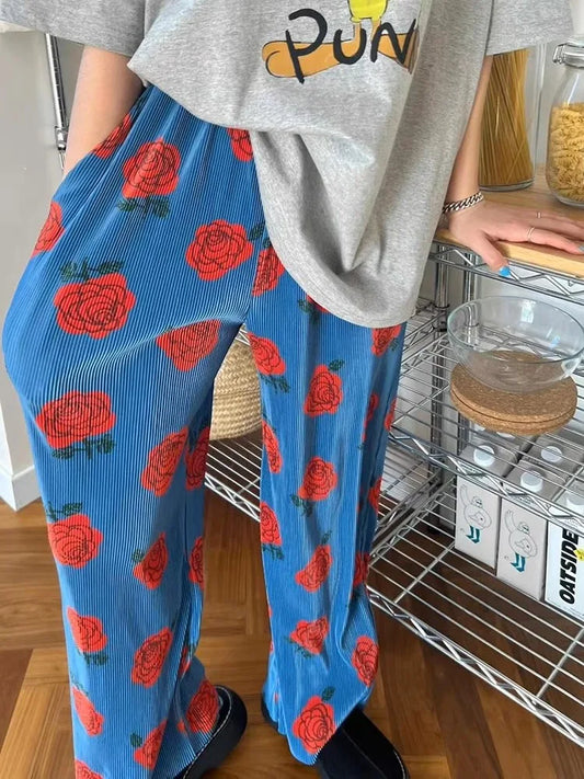 Territory 2024 Summer New Sweatpants Women Fashion Vintage Flower Print Loose Wide Leg Pants Y2k Grunge Elastic Waist Straight Trousers