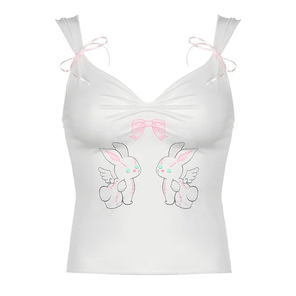 Territory Korean Cutecore Rabbit Bow Printed Summer Tank Top Short Bow Folds Vest Slim Sleeveless Crop Tops Tees Japanese Y2K