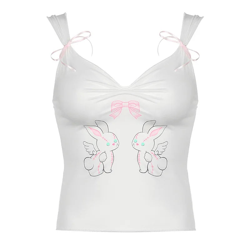 Territory Korean Cutecore Rabbit Bow Printed Summer Tank Top Short Bow Folds Vest Slim Sleeveless Crop Tops Tees Japanese Y2K