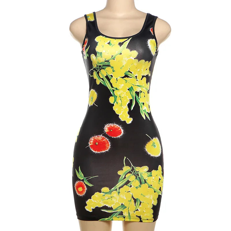 Territory Flower Print Sleeveless Mini Bodycon Women's Dress Vacation Summer Dresses For Woman 2024 Sexy Kylie Jenner Y2K Outfits