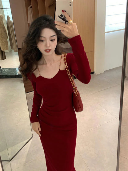 Territory French Vintage Chain Square Neck Long Sleeves Midi Dresses for Women Autumn New Sexy Bodycon Evening Party Female Clothing