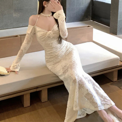 Territory Korean 3d Flower Halter Elegant Lace Long-sleeved Dress Women 2024 Spring New Off-the-shoulder Pleated Sexy Mid-length Dress