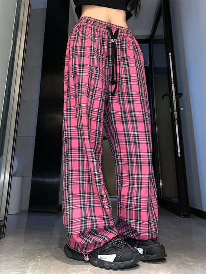 Territory Harajuku Pink Plaid Pants Women Cyber Y2K Egirl Wide Leg Checked Trousers Female Oversize Streetwear Edgy Style Sweatpants