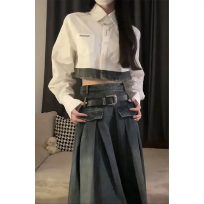 Territory Korean Simple Lapel Neck White Long Sleeve Shirts Women+ Y2k E-Girl High Waist Denim Skirts 2024 Autumn New Two Piece Sets