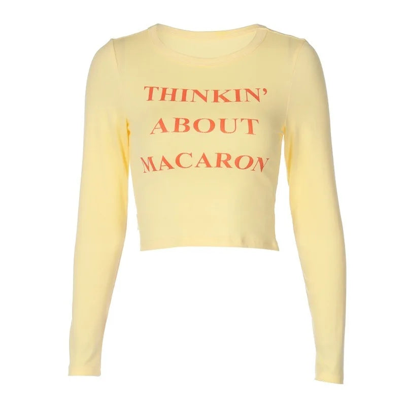 Territory Cotton Y2k Egirl Yellow Long Sleeve Women Crop Tops Red Letters Print Macaron Grunge Stranger Things Tee T Shirt Rave