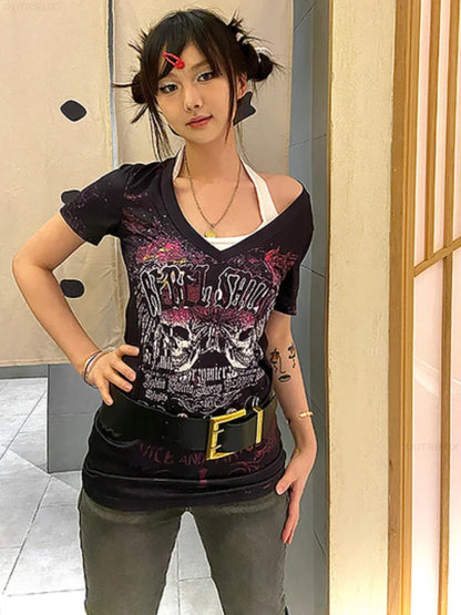 Territory Gothic Punk T-shirt Women Y2k Aesthetics V Neck Slim Tops Summer Harajuku Fairy Grunge Streetwear Vintage Tshirt Camisetas Tees