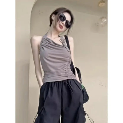 Territory Fashion Sexy Halter Vest for Women Y2k E-Girl Irregular Slim Fit Ruched Tank Top 2024 Summer New Gray Camisole Tops Mujer