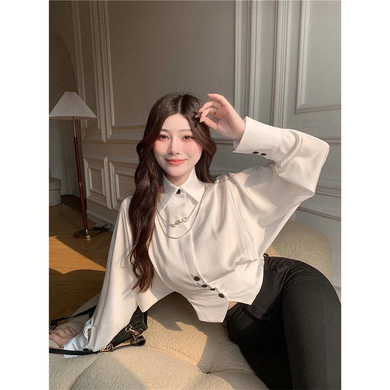 Territory Elegant Cropped White Shirts Women Korean Fashion Black Batwing Long Sleeve Blouses Office Ladies Basic Chic Tunic Tops