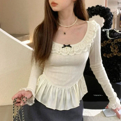 Territory Coquette Korean Style White T-shirts Women Fairycore Cute Ruffles Long Sleeve Tees Y2k Sweet Slim Corset Tops Autumn