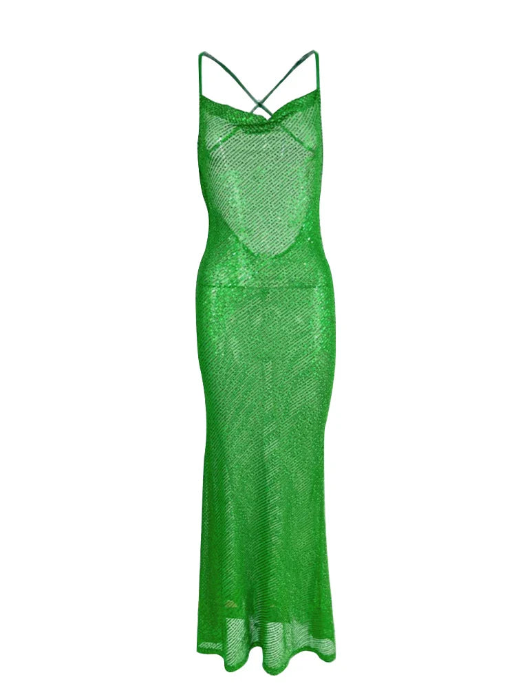 Territory 2024 Summer Sexy Deep V Neck Green Backless Sequin Sleeveless Women's Dresses For Women Evening Party Maxi Dresses