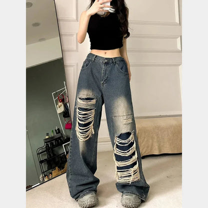 Territory Hole Women Jeans Y2K Autumn Fashion High Waist Hip Hop Loose Streetwear Wide Leg Trousers Korean Hip Hop Straight Denim Pants