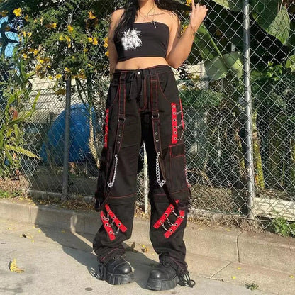 Territory Hot Girl Gothic Clothes Bandage Chain Baggy Pants Women Hip Hop  Vintage Trousers Punk Style Egirl Casual Streetwear Cloths 90s