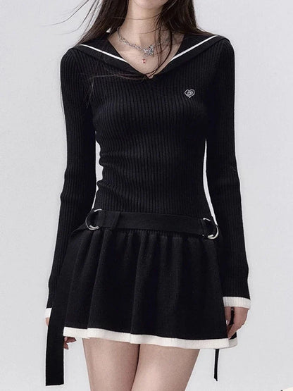 Territory Knitted Mini Dress Women Preppy Style Long Sleeve Dresses Vintage Fashion Sailor Collar Dress Ladies Autumn Chic Sweater Dress