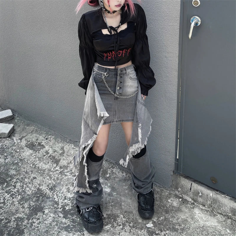 Territory Harajuku Vintage Y2k Skirts Leg Warmers Denim Mini Skirt Irregular Patchwork Raw Edge Design Streetwear Gyaru Women's Clothing