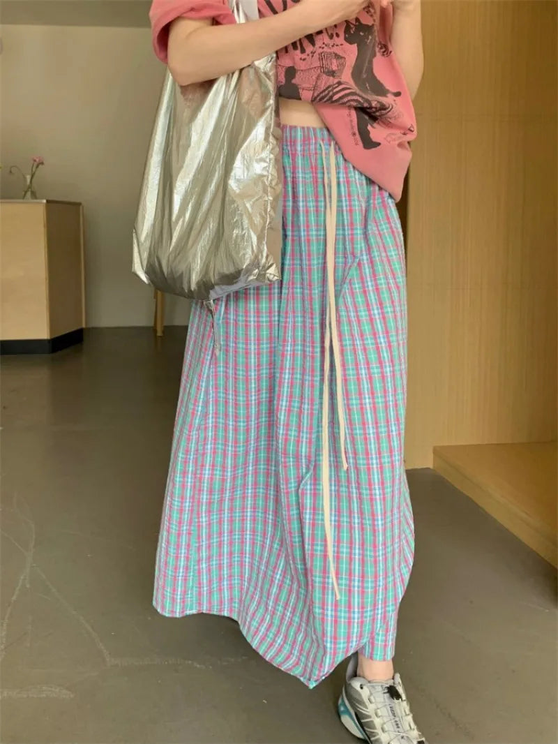 Territory Korean Fashion Plaid Skirt for Women Y2k Grunge Mid-length Loose Skirts 2024 Spring New High Waist A-line Faldas Mujer