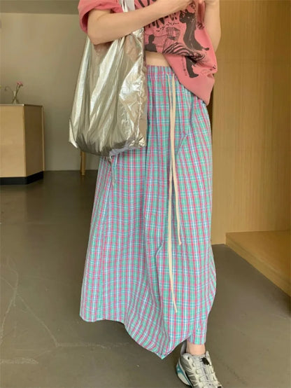 Territory Korean Fashion Plaid Skirt for Women Y2k Grunge Mid-length Loose Skirts 2024 Spring New High Waist A-line Faldas Mujer