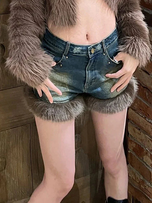 Territory Fur Feather Patchwork Denim Shorts Women 2024 Sexy High Street Jean  Female Tassel Hem Irregular Short Jeans Y2k